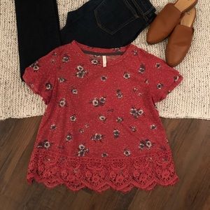 Xhilaration floral top with crochet trim
